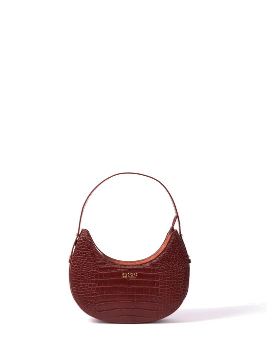 Naomi Leather Moon Bag with Croc-Embossed Pattern, Caramel by Bob Oré