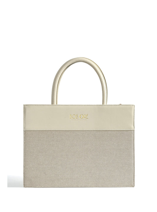 Victoria Tote Leather Canvas Combo Bag, White by Bob Oré