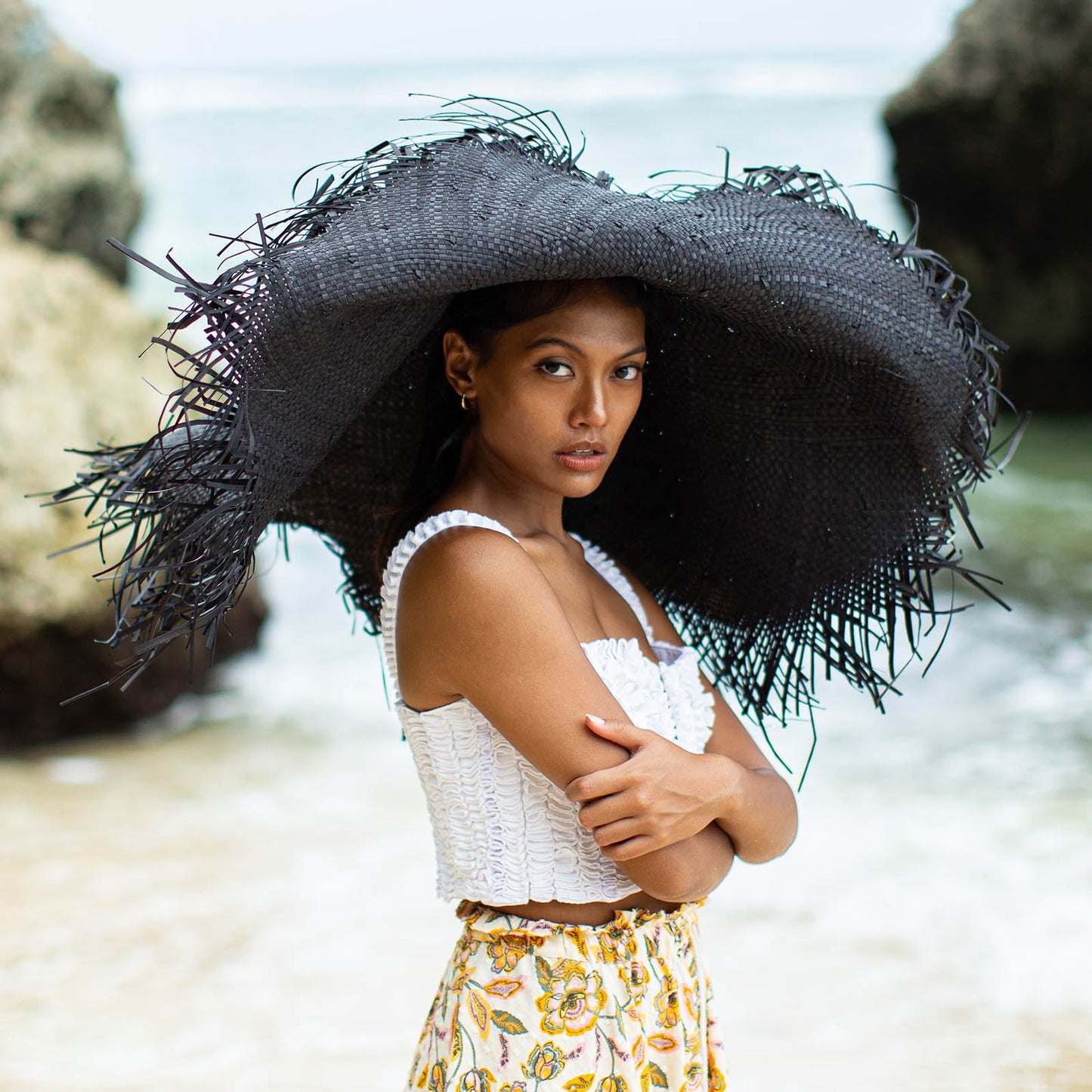 AMORA Oversized Woven Straw Hat in Black by BrunnaCo