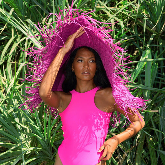 AMORA Oversized Woven Straw Hat in Hot Pink by BrunnaCo