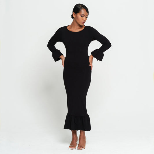 MARJORIE Bamboo Ruffle Dress, in Black by BrunnaCo