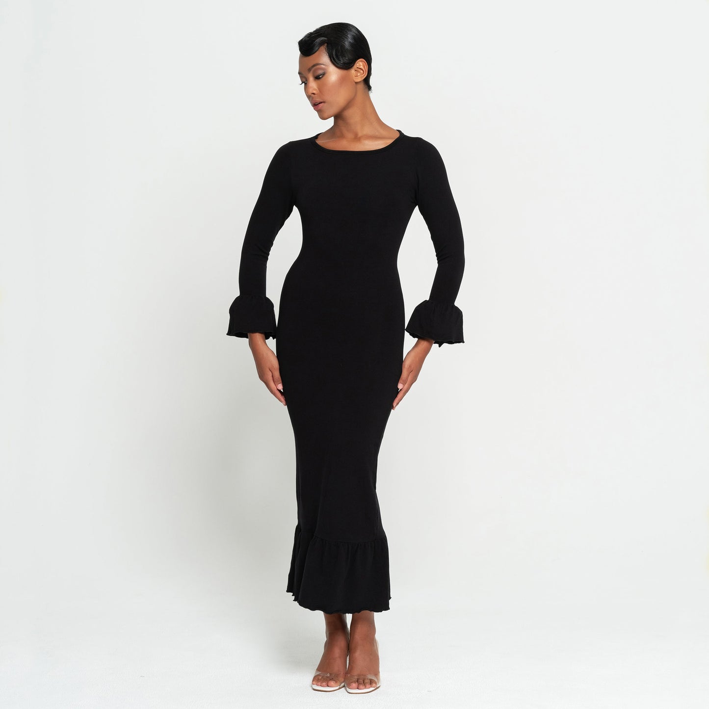 MARJORIE Bamboo Ruffle Dress, in Black by BrunnaCo