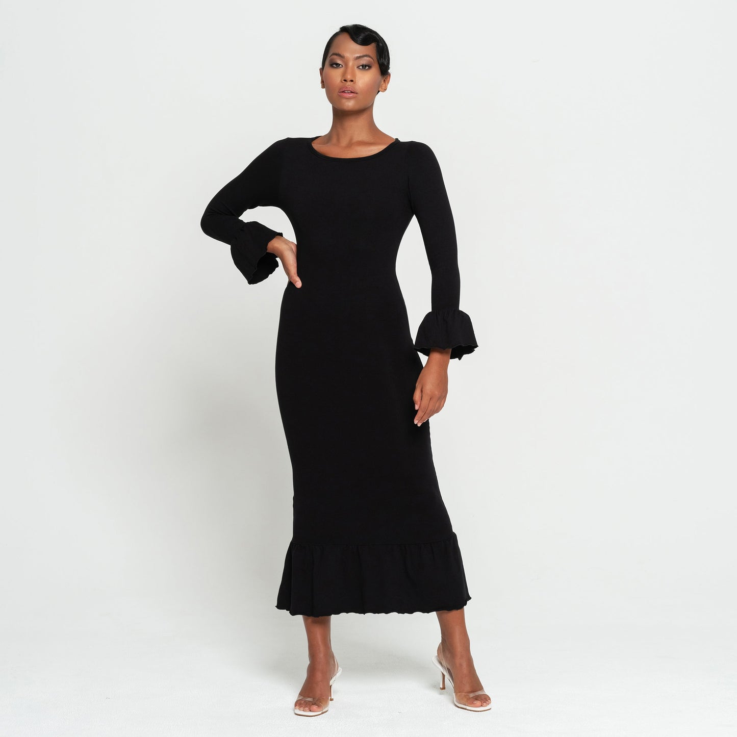 MARJORIE Bamboo Ruffle Dress, in Black by BrunnaCo