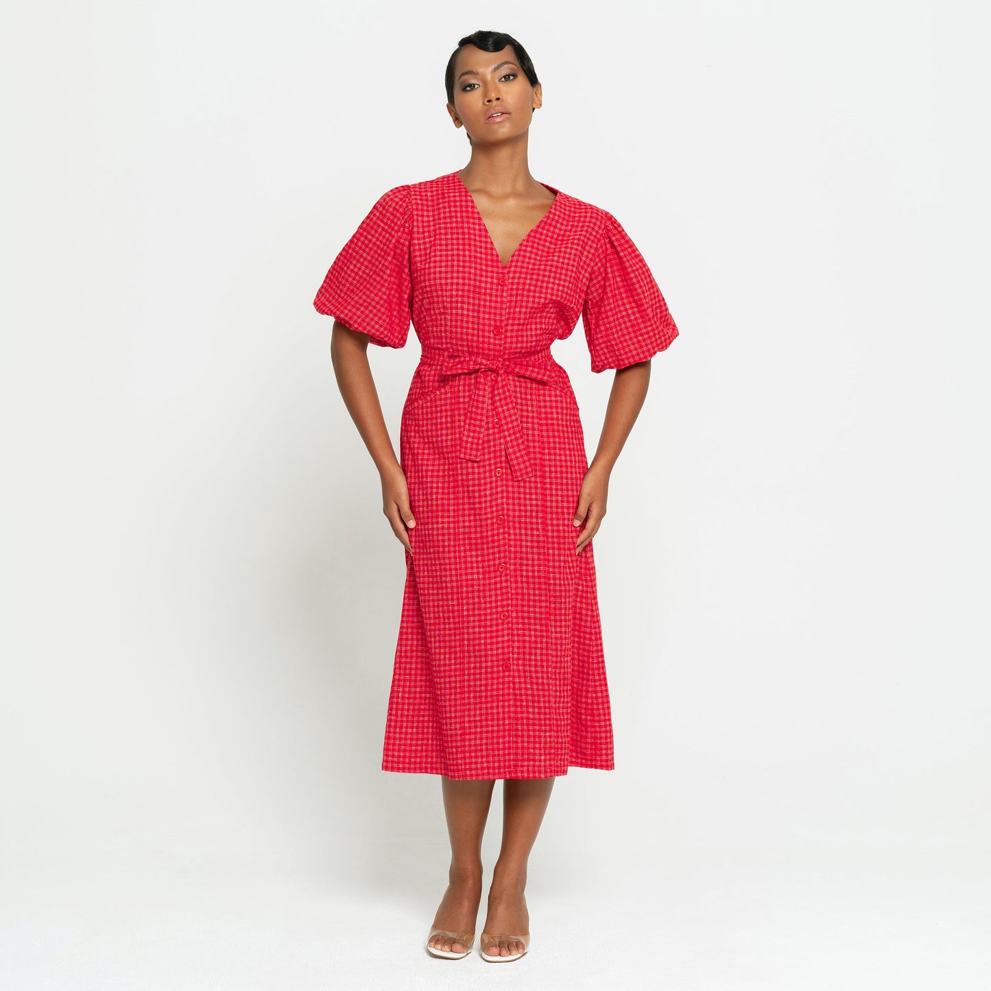 Meghan Gingham Hemp Midi Dress, in Scarlet red by BrunnaCo