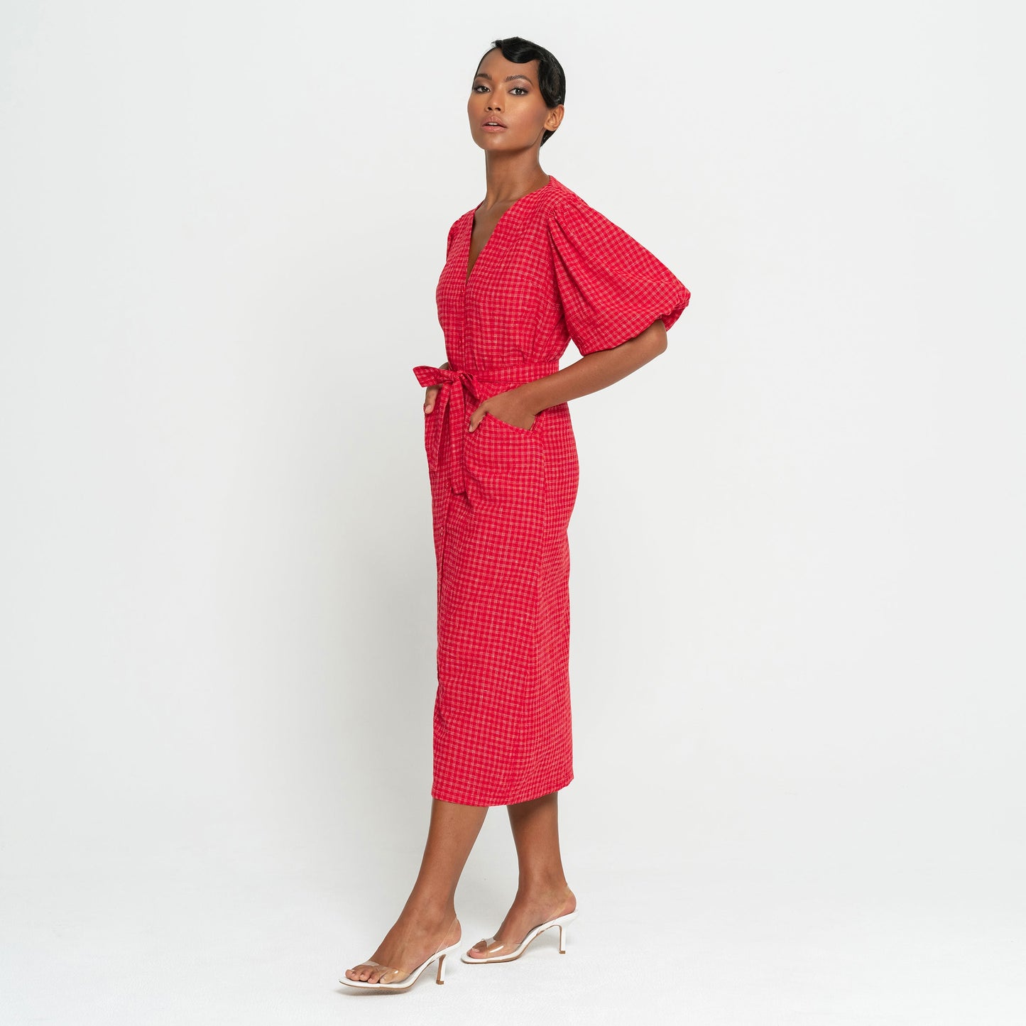 Meghan Gingham Hemp Midi Dress, in Scarlet red by BrunnaCo