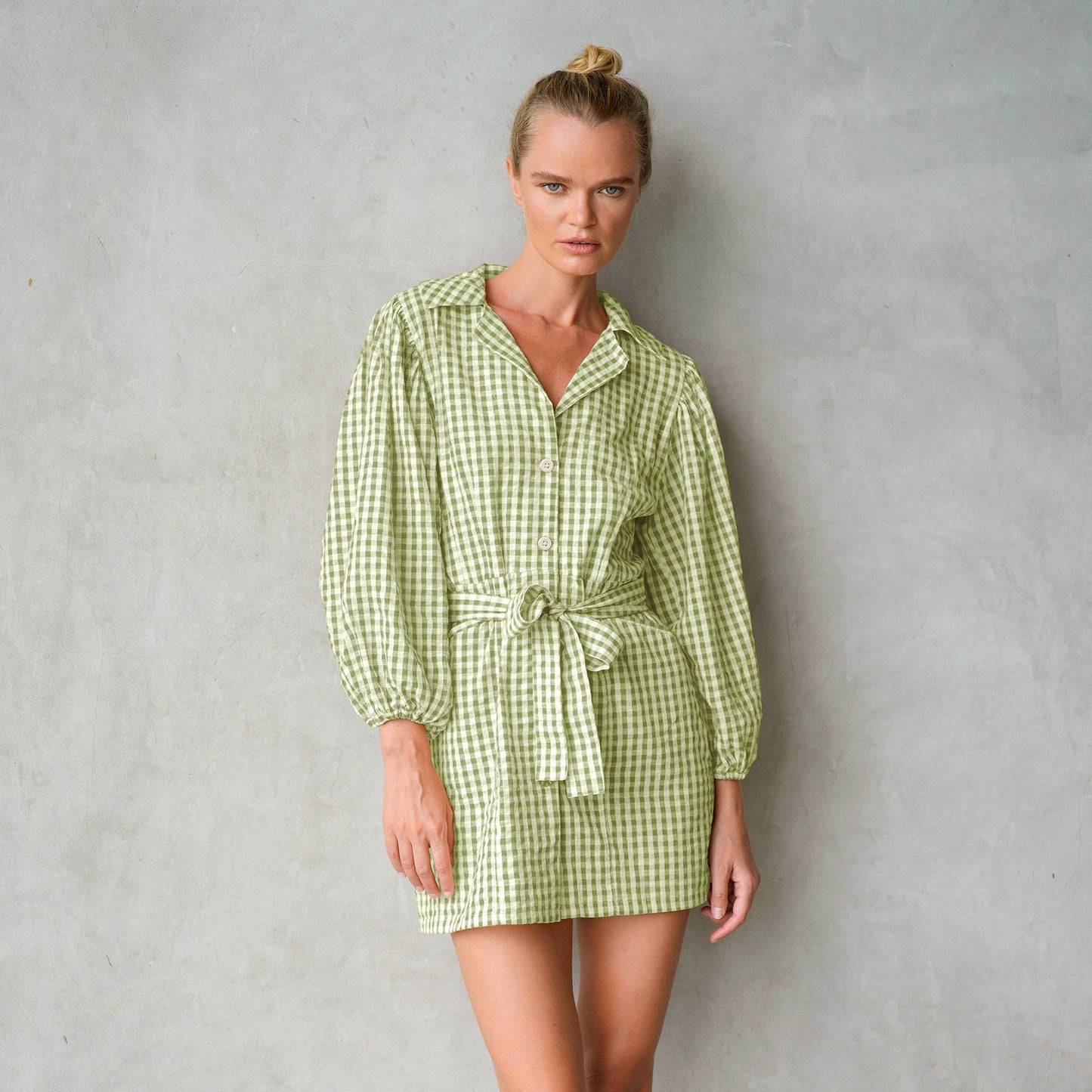 MEGHAN Mini Gingham Dress, in Lime Green by BrunnaCo