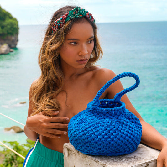 Naga Macrame Bucket Bag, in Azure Blue by BrunnaCo