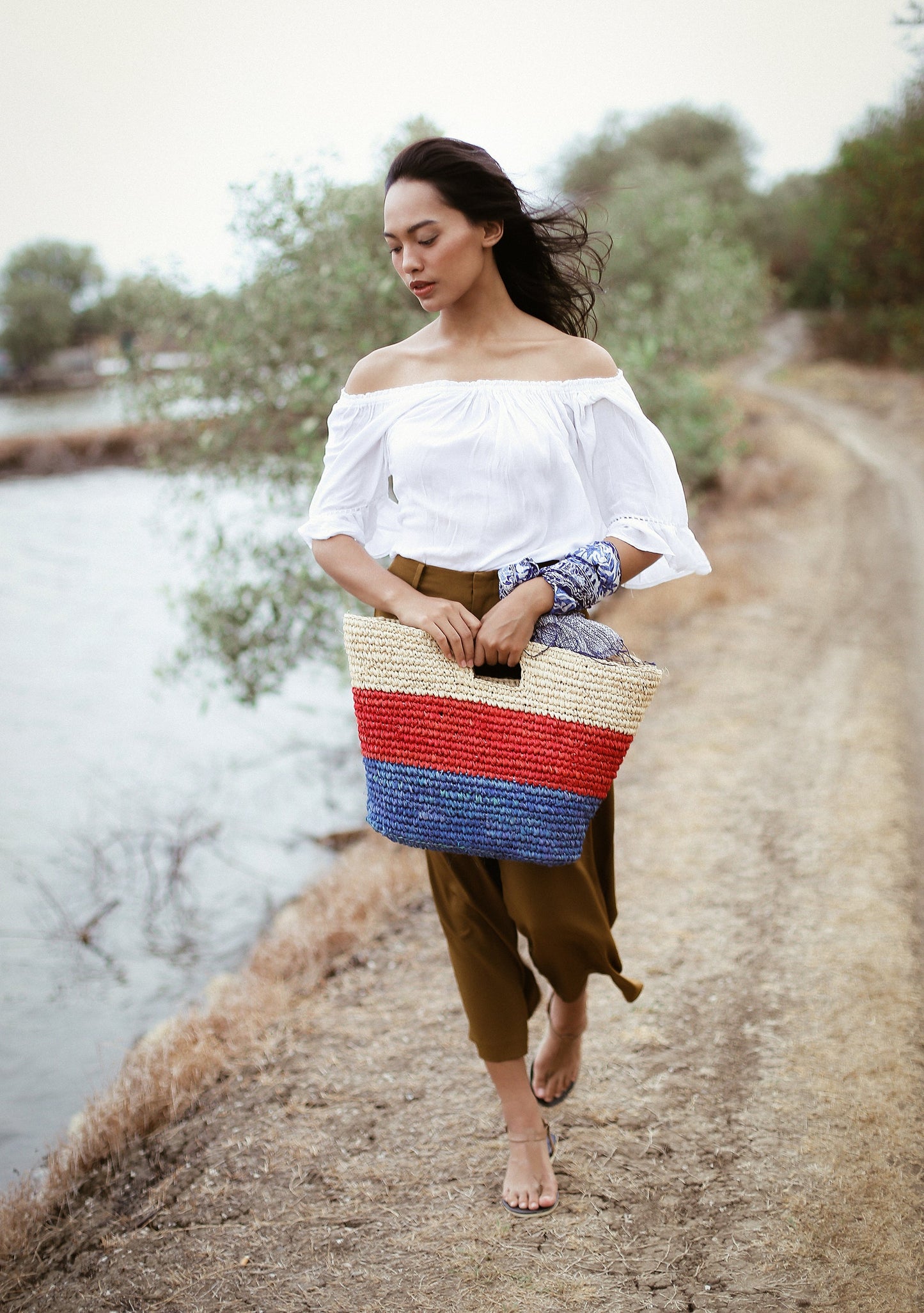 Sayan Raffia Tote Bag, in Red & Blue by BrunnaCo