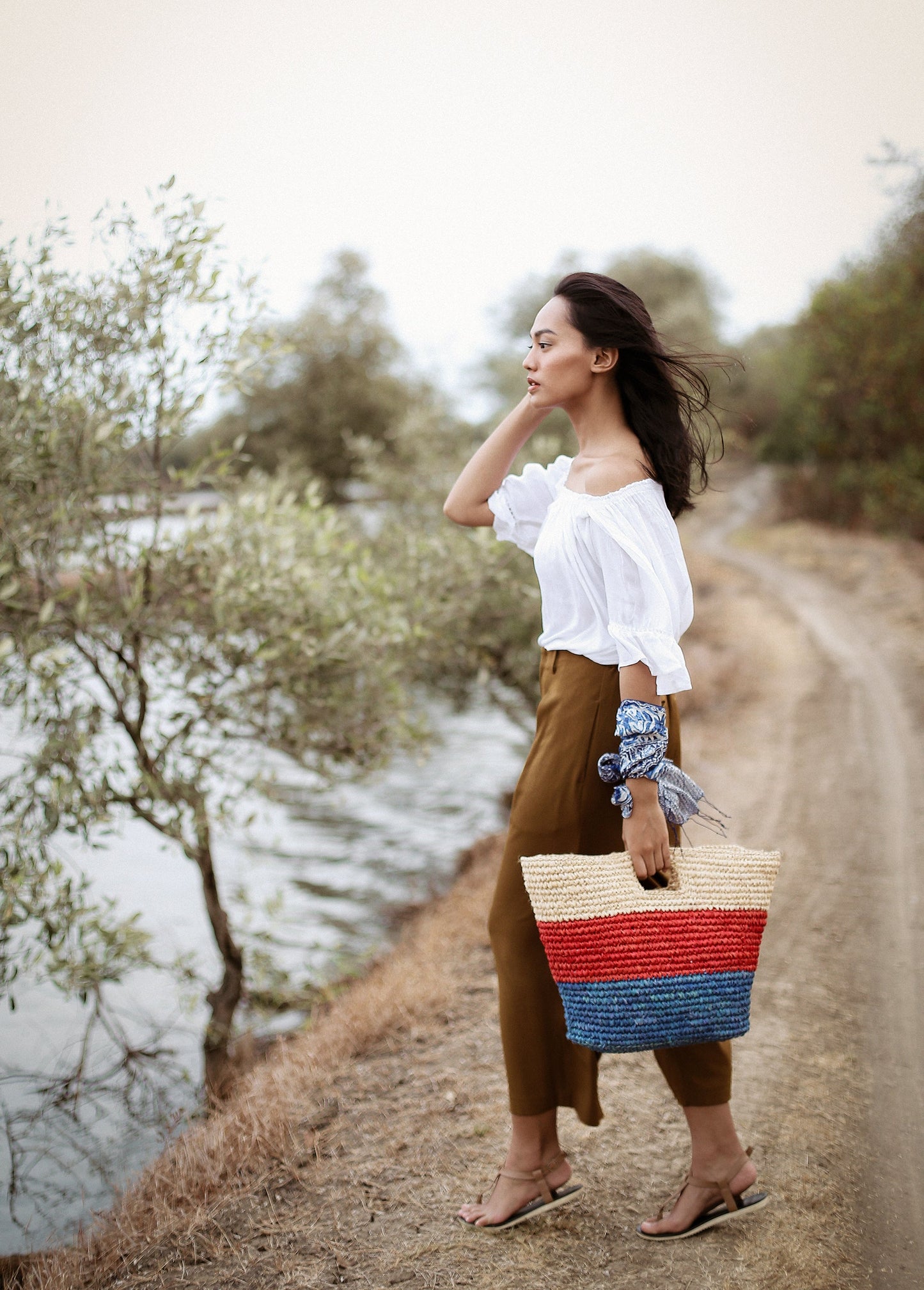 Sayan Raffia Tote Bag, in Red & Blue by BrunnaCo