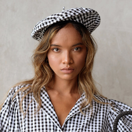 SIMONE Gingham Beret Hat In Black by BrunnaCo