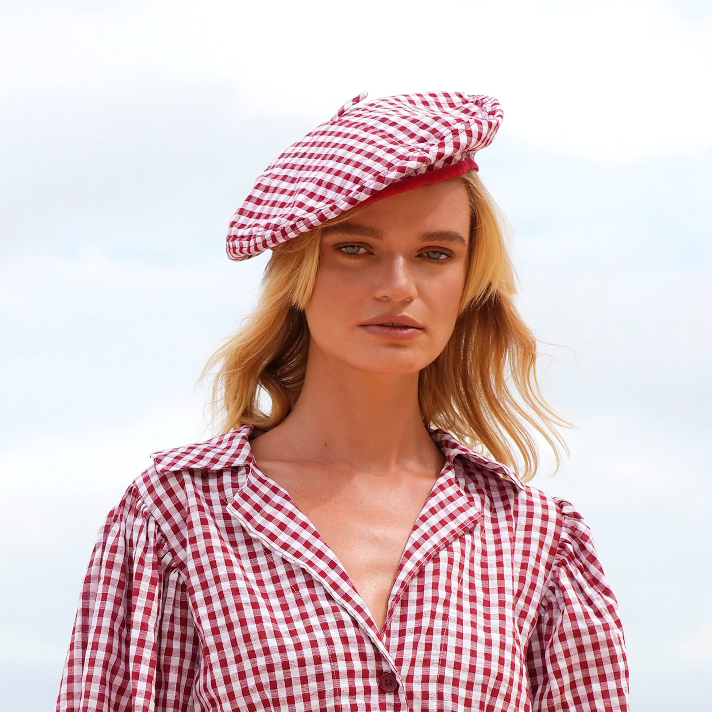 SIMONE Gingham Beret Hat In Red by BrunnaCo