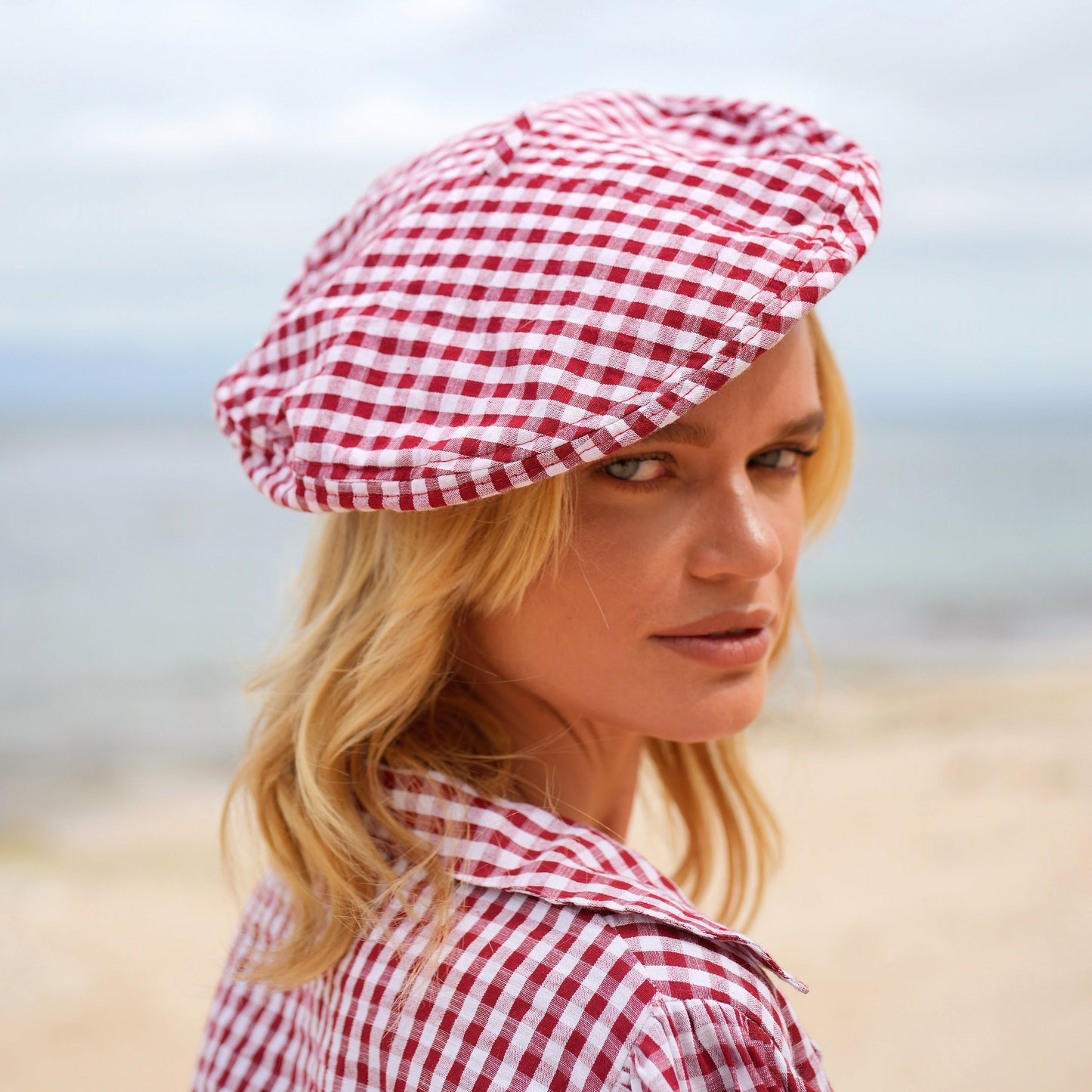 SIMONE Gingham Beret Hat In Red by BrunnaCo