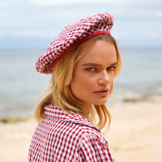 SIMONE Gingham Beret Hat In Red by BrunnaCo