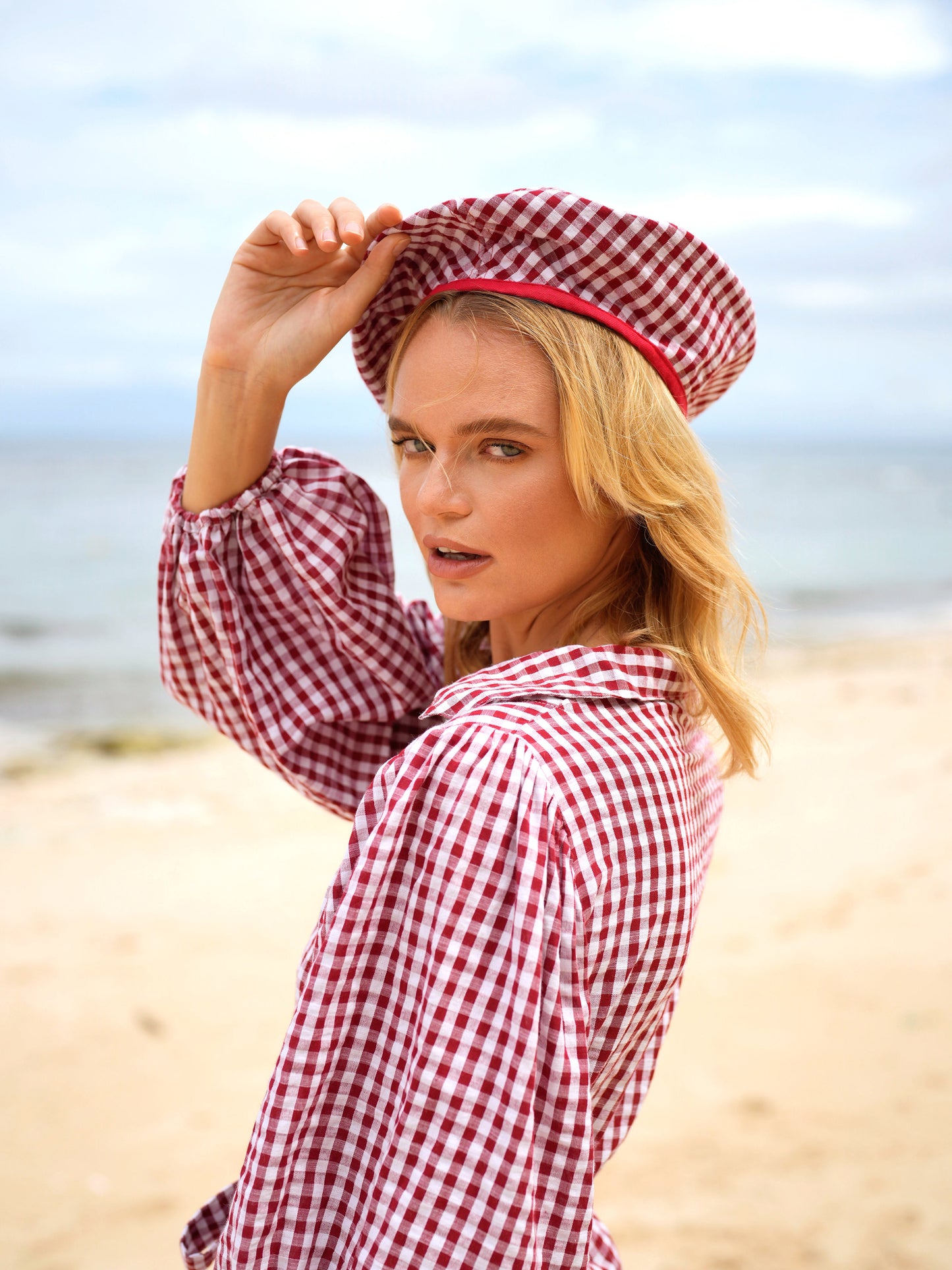 SIMONE Gingham Beret Hat In Red by BrunnaCo