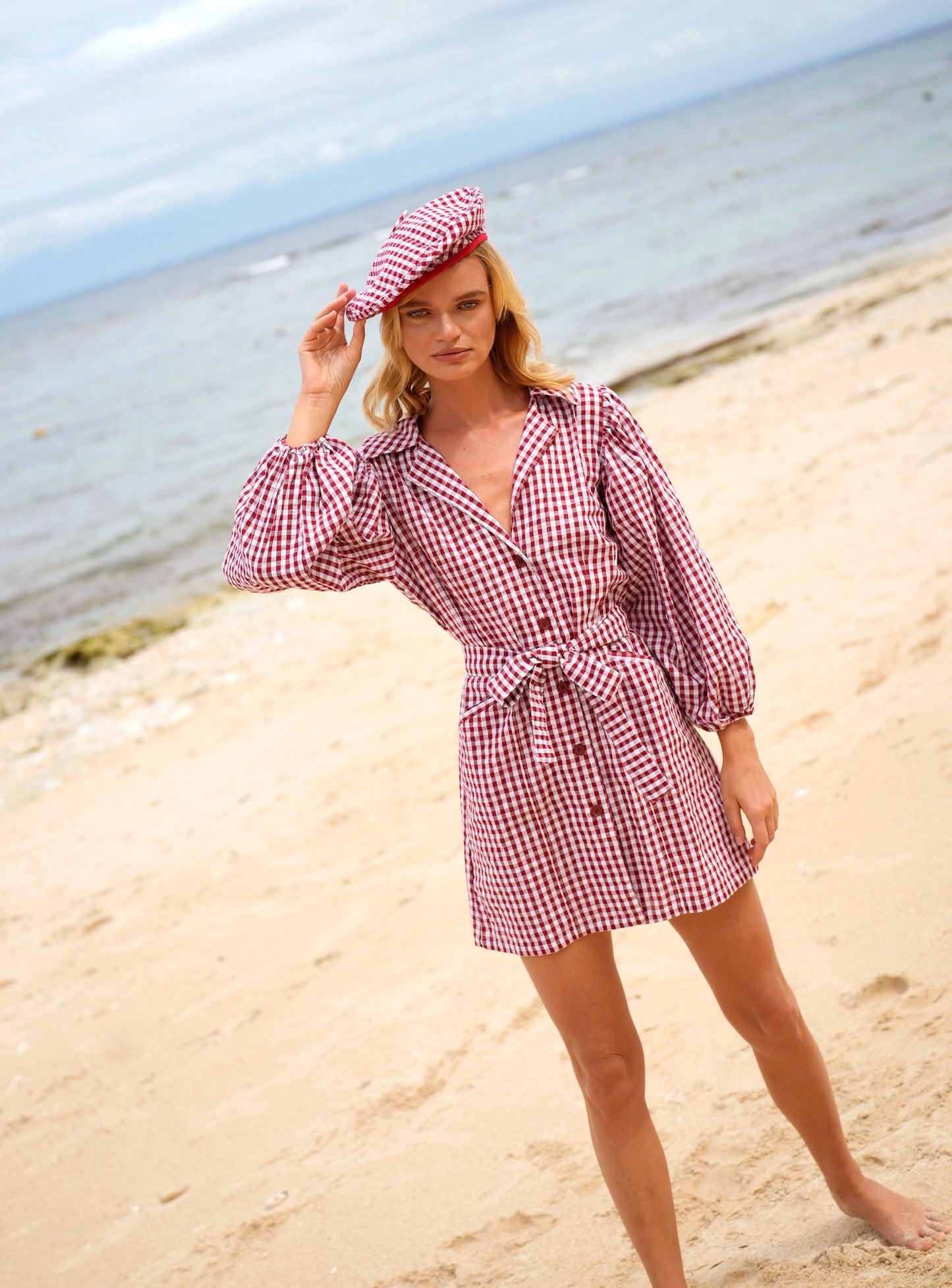 SIMONE Gingham Beret Hat In Red by BrunnaCo