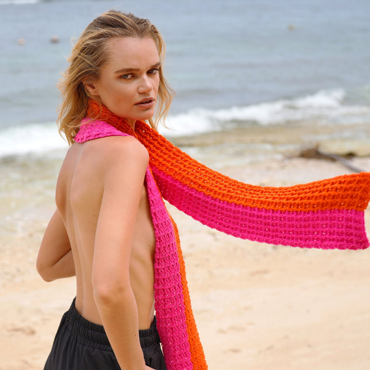 WAFFLE Crochet Scarf in Candy Pink & Tangerine Orange by BrunnaCo