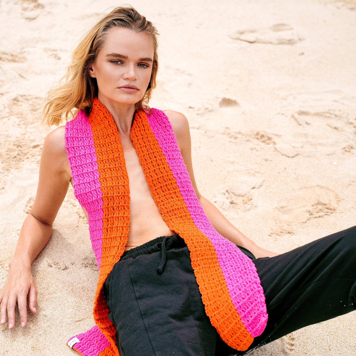 WAFFLE Crochet Scarf in Candy Pink & Tangerine Orange by BrunnaCo