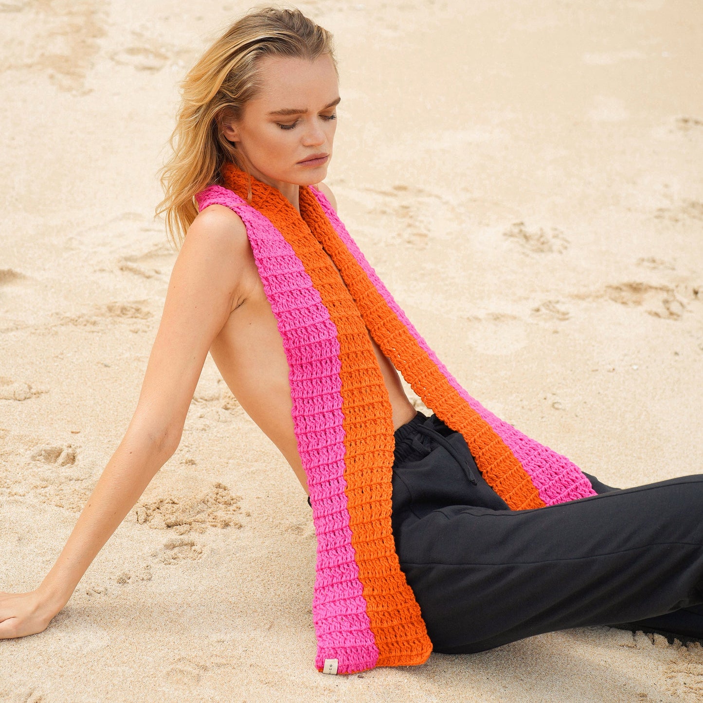 WAFFLE Crochet Scarf in Candy Pink & Tangerine Orange by BrunnaCo